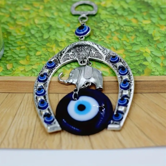 NWT Ornate Silver Metal Elephant🐘 Blue Evil Eye 🧿 Horseshoe Hanging Decoration - Picture 8 of 11